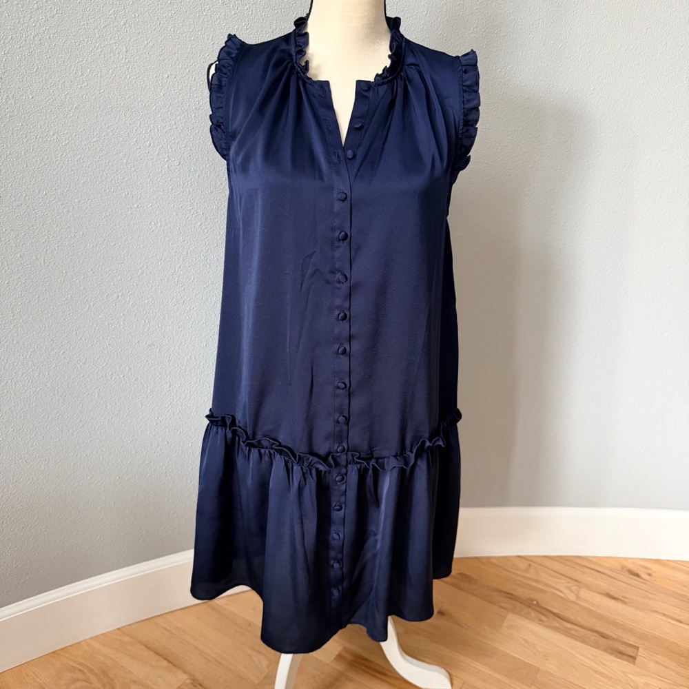 Halogen Ruffle Trim Button Down Satin Dress Classic Navy Blue Size Medium